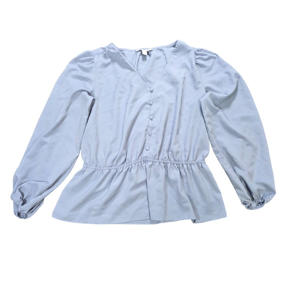 Nine West V-Neck Button Front  Blouse Women's Size L Blue Peplum Puff Sleeve